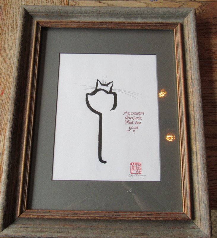 Framed Japanese Ink Painting Cat «My ancestors were Gods…» Caryl McHarney