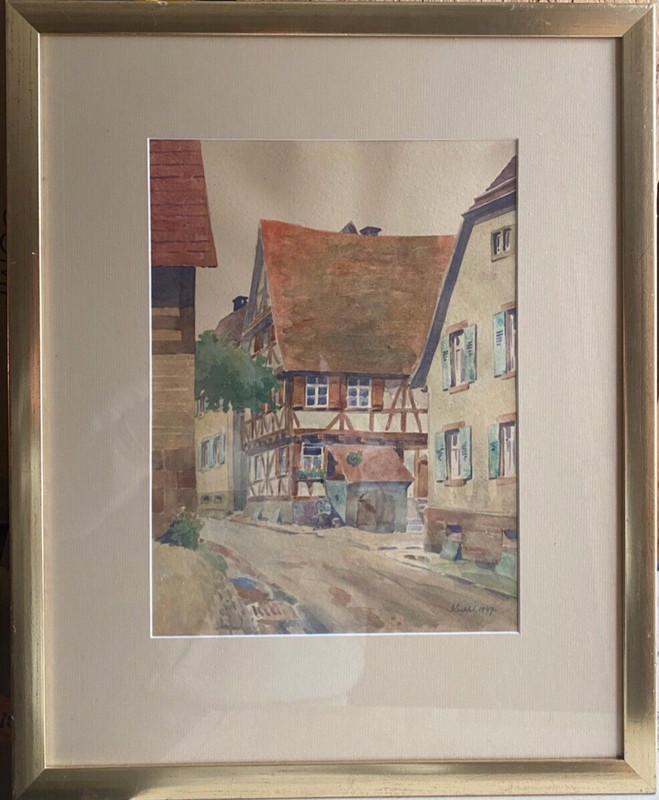 Aquarell Sign. Kuth 1947 View Of Pfälzer Dorfgasse With Half-Timbered House