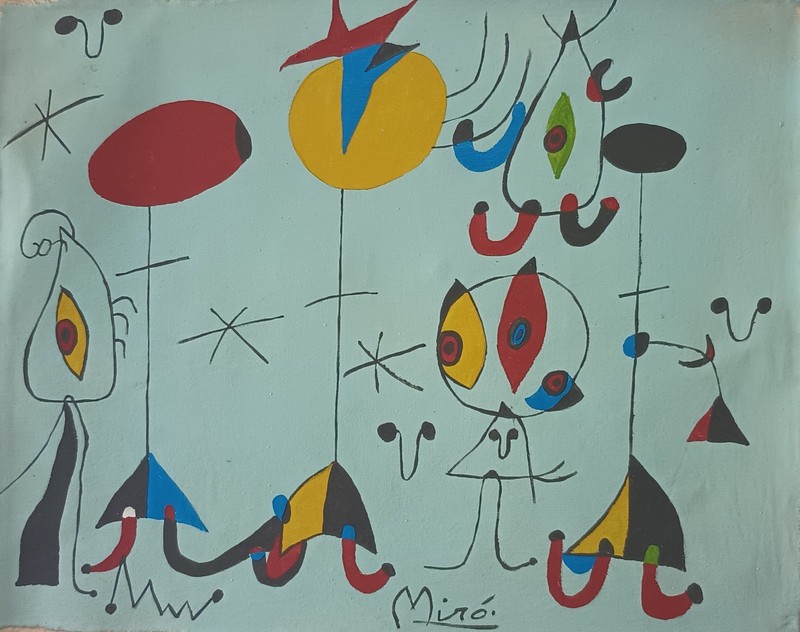 Vintage Abstract Painting On Canvas Signed Miro , Modern Art 20th Century.