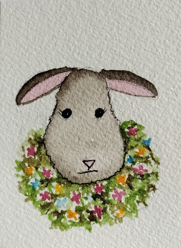 Original Watercolor ACEO – 2.5″ x 3.5″ – Whimsical Sheep with Floral Wreath