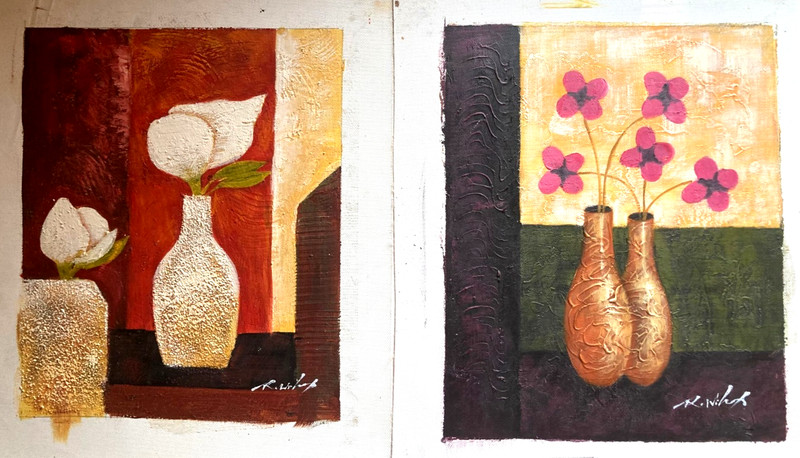 Original Oil Paintings – Set of 2 Image Size of ea 8″ by 10″ – Flowers and Vases