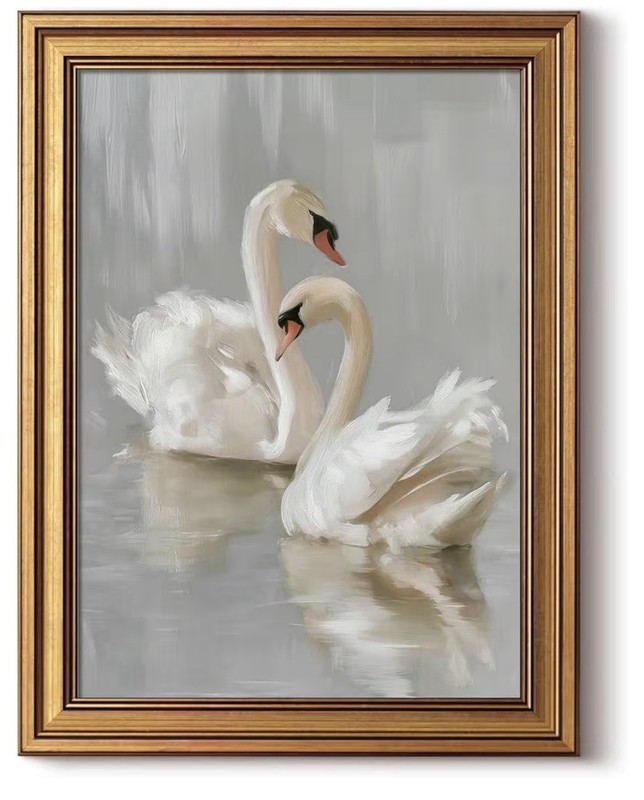 Gold Framed Vintage Canvas Wall Art Two White Swans Painting Aesthetic 16×12