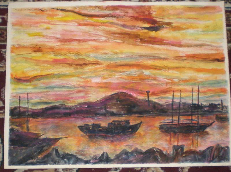 New England Harbor scene Boats / Canoe in the Sunset Gouache Initial SR dated gallery