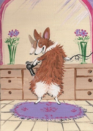 5×7 PRINT OF PAINTING PEMBROKE WELSH CORGI RYTA BATHROOM ART HAIRDRYER HUMOR DOG