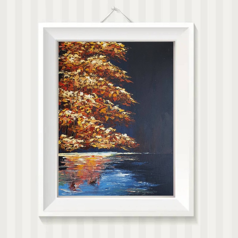 Autumn Lake Reflection Painting Fall Forest Landscape Original Oil Wall Art gallery