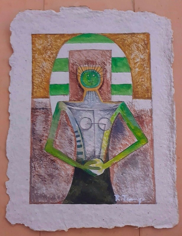 RUFINO TAMAYO 11.5” x 9” -FIGURA VERDE CON GRIS- OIL PAINTING ON NATIVE PAPER