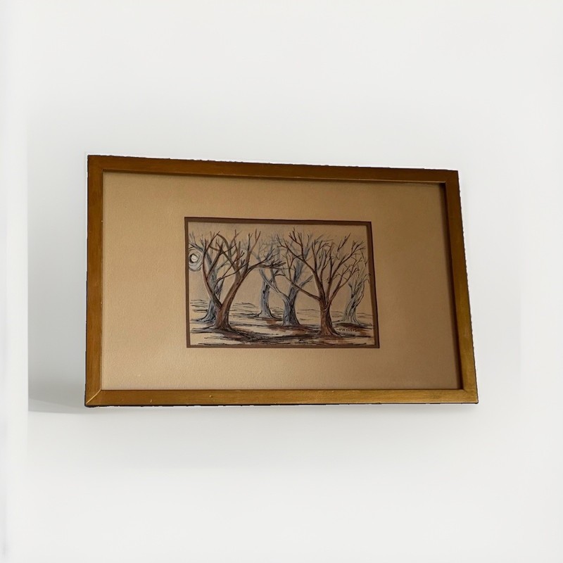Original Mid Century Watercolor Ink THE BARREN FOREST Signed , -PHYLLIS-
