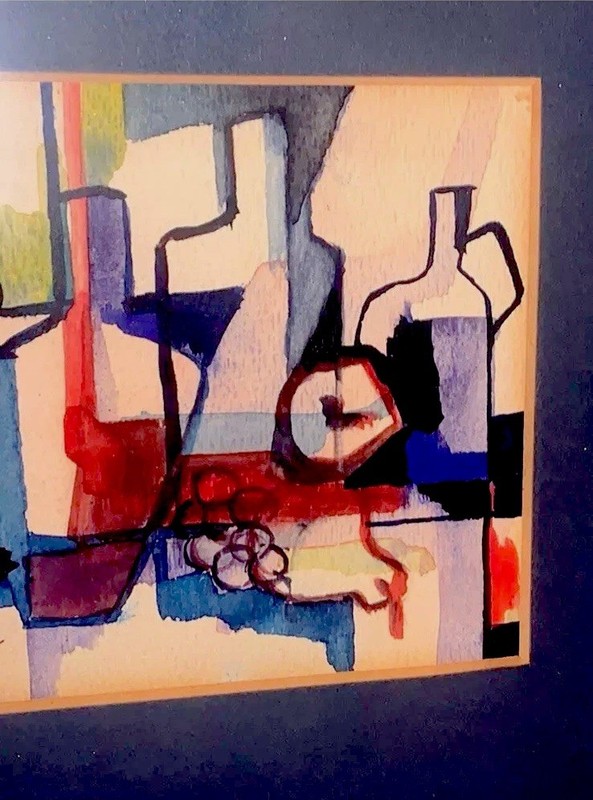 Contemporary Cubist Watercolor By Leder / ~9 X 10” / Matted & Framed gallery