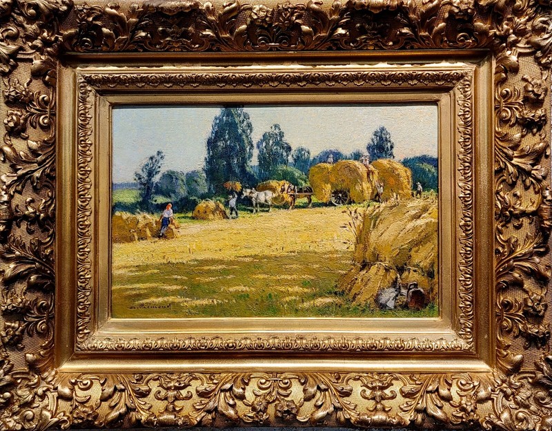 Andre Fremond – Farmland Landscape during Harvest- c.1920 Oil Painting