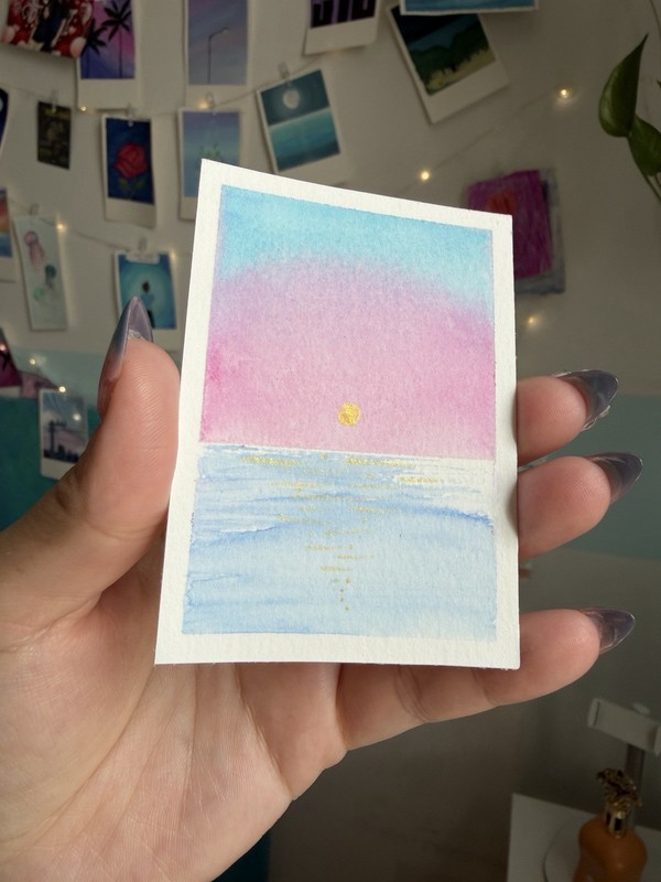 Original ACEO Pink Sky Seascape Golden Sun Ocean Sunset 2.5×3.5