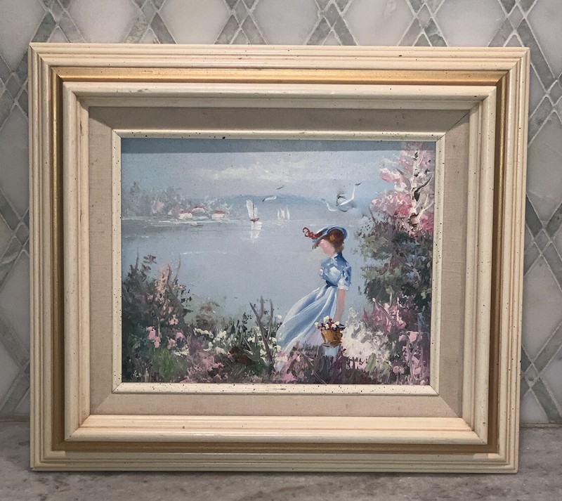 Vintage OOC Lady Girl Lake Landscape Boats Flowers Garden Birds Framed 13”x15”