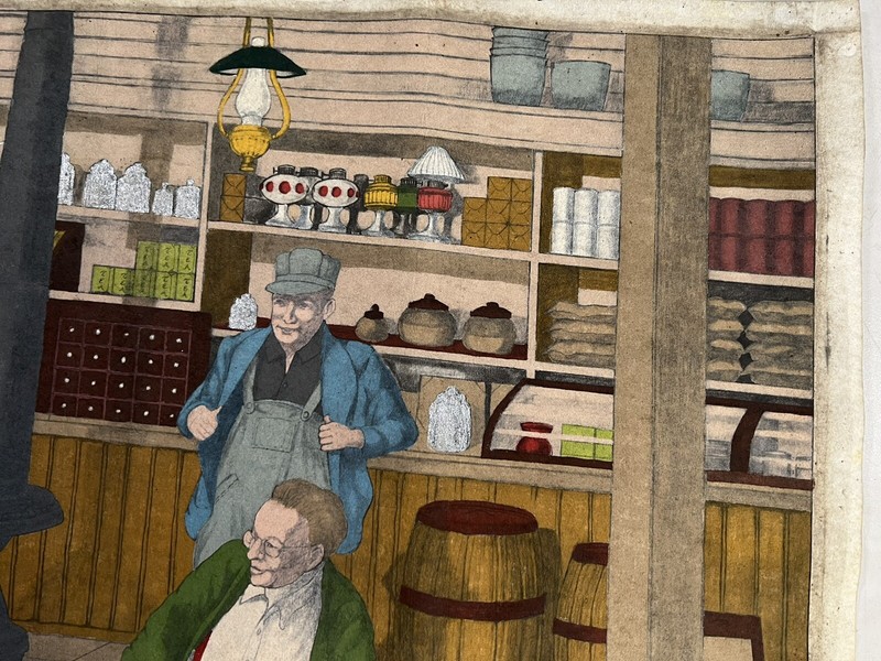 Men in Storeroom Playing Checkers, Vintage Illustrastion Painting On Felt Canvas gallery
