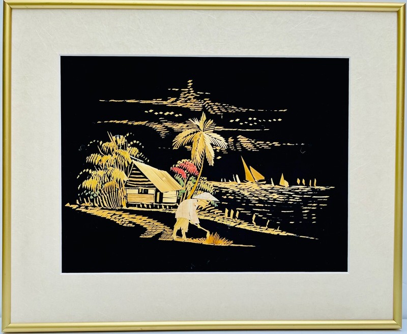 Vtg Mixed Media Collage Painting W/Real Bamboo on Black Velvet Thailand Framed