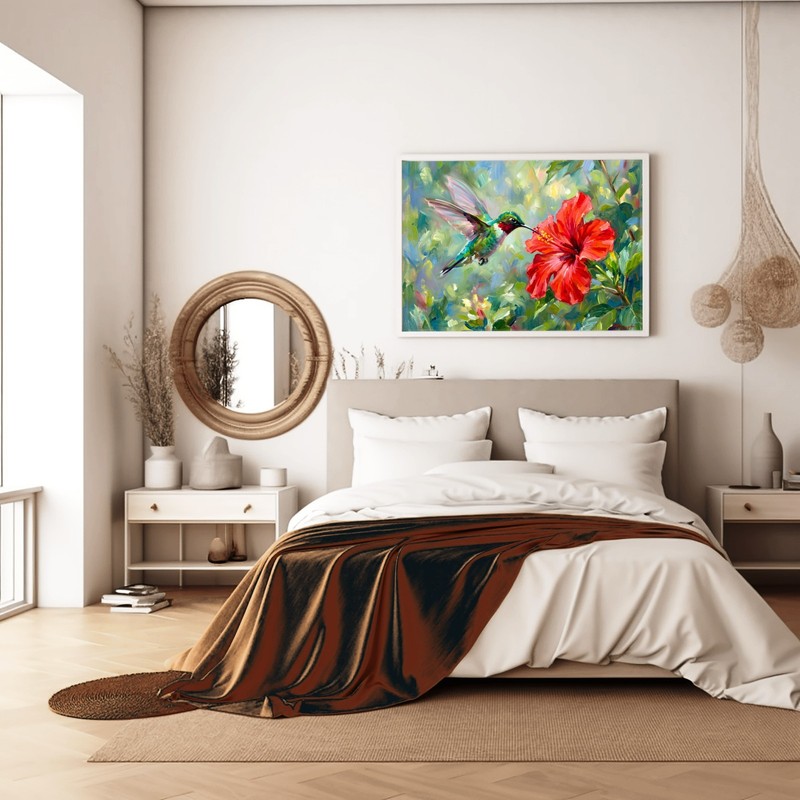 Hibiscus Flower and Hummingbird Oil Painting 16x20 Framed Canvas Panel gallery