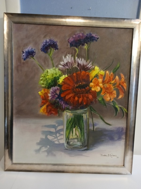 Vtg Floral Painting New England Cape Cod artist Silver Frame «Summer Flowers»