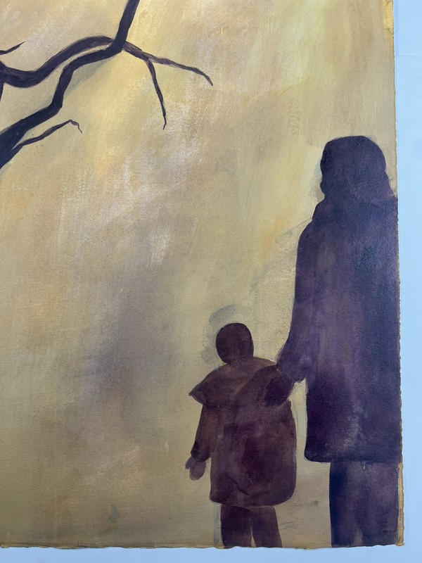Watercolor Painting Women With Child In Fog - Lonely Tree Ghostly Figure 22x15” gallery