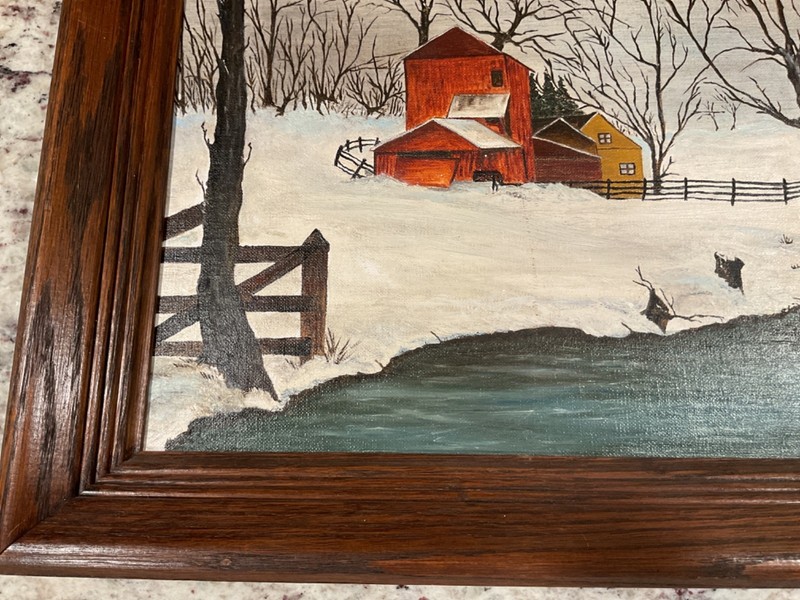 Phyllis Bagley Original Oil...Winter Barn...Frame d 15/12 inches...Signed gallery