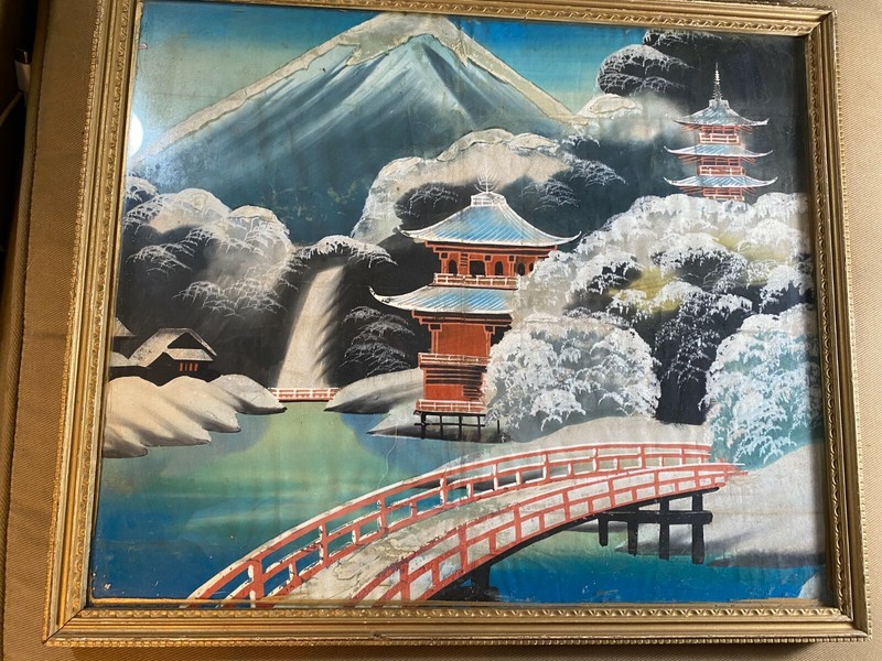 Vintage «Mt Fuji Bridge And Landscape Scene» Mixed Media Painting – Framed