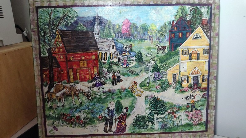 Vintage Original American Town Home Church Scene Painting Folk Art 20″x16″