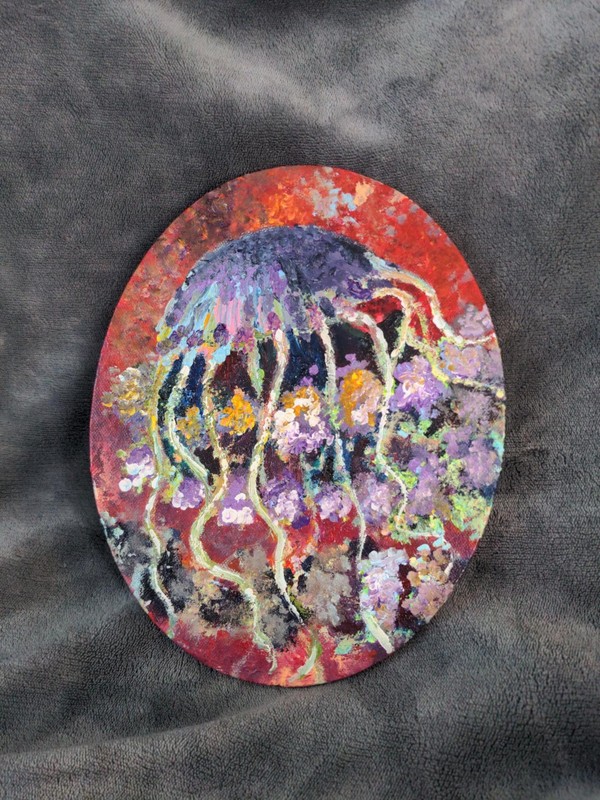Hellish Jellyfish-Abstract Acrylic Painting on Oval Shaped Canvas