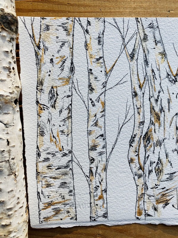 Original Watercolor Painting Landscape Birch Aspen Tree Wood Forest Gold MCM Art gallery
