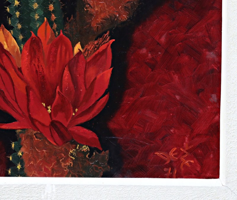 Levenberg Blooming Cactus Oil On Wood Signed Original Painting, Framed gallery