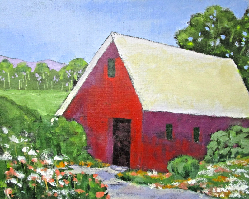 California RED BARN Lynne French Signed California Landscape 11×14 Art Painting