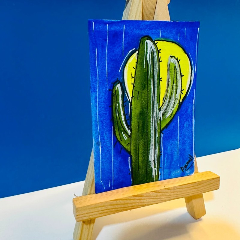 ACEO Cactus Moon Desert Landscape Original Watercolor Painting OOAK Mini Art SFA gallery