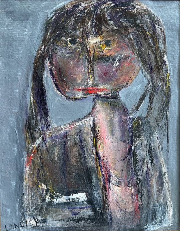 Vintage 1980s Abstract Modernist Figural Girl Oil Painting Art Signed Langley