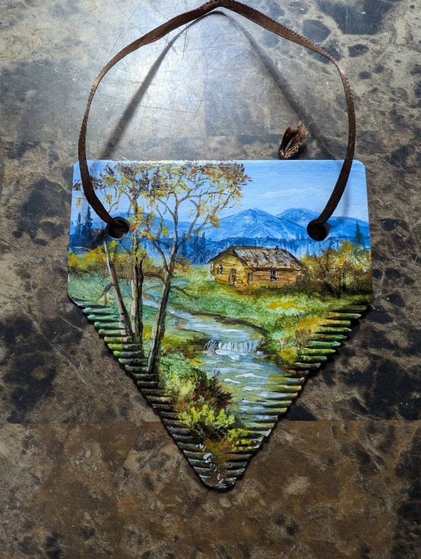 Hand Painted Farm Art Craft Vintage Machinery Sickle Metal 3in Landscape Signed gallery