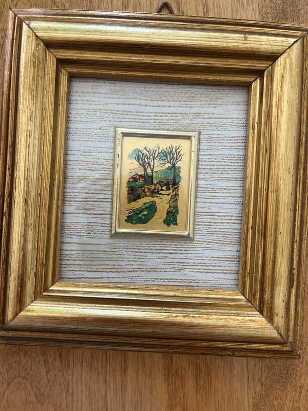 3 Italian Matted & Framed Miniature Landscape Paintings on Paper w/ Gold Leaf gallery