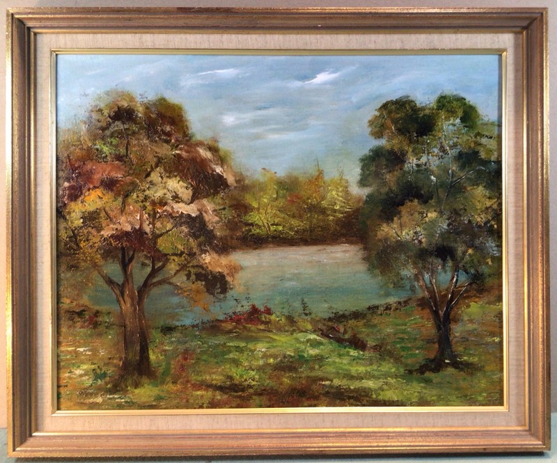 Circa 1960s River Scene In Autumn Signed Framed Oil Painting