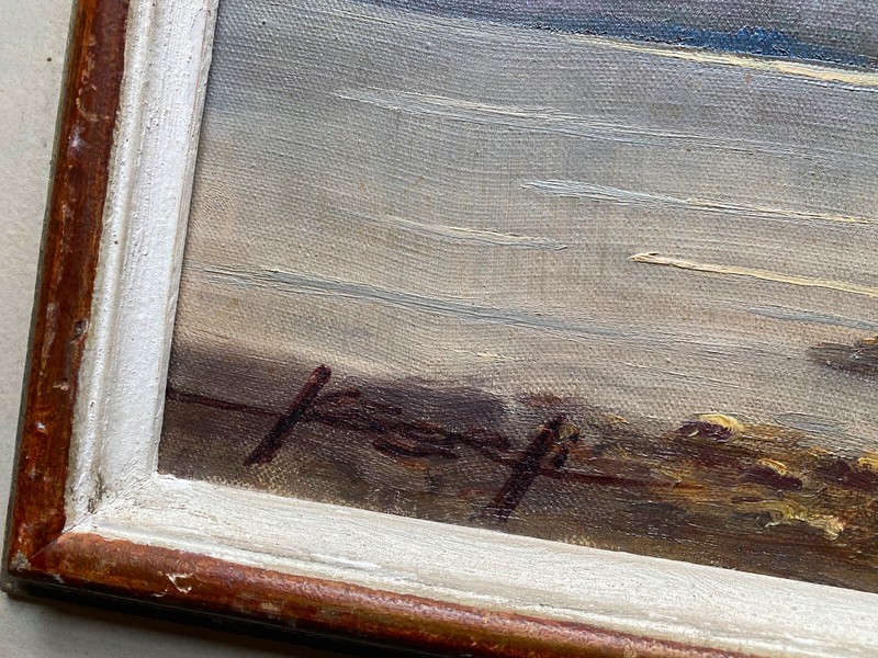 Oil painting by Sign. Kugeli at Grenfensee in Mainz Meadow landscape with trees gallery