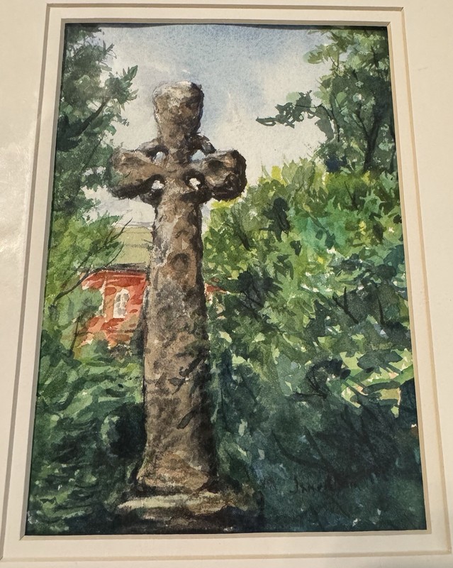 Watercolor Painting, Celtic Cross On Campus By Jane Albin, 5”x7”, VG Condition gallery