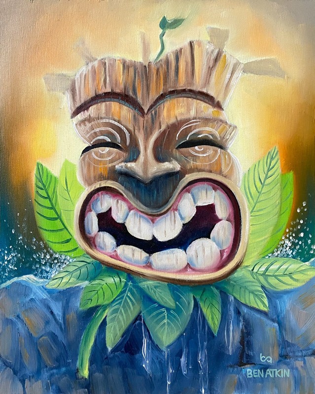 Tiki Painting Original Oil on Panel 8×10″ Fire and Ice Tiki – Framed 12×13″