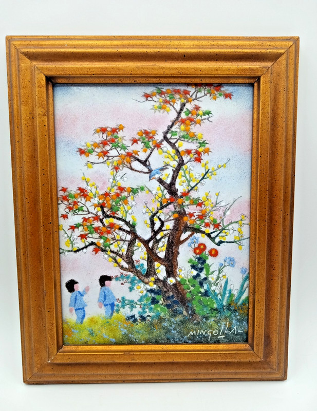 VTG Original Signed & Framed Dominic Mingolla Enamel on Copper Plate Painting