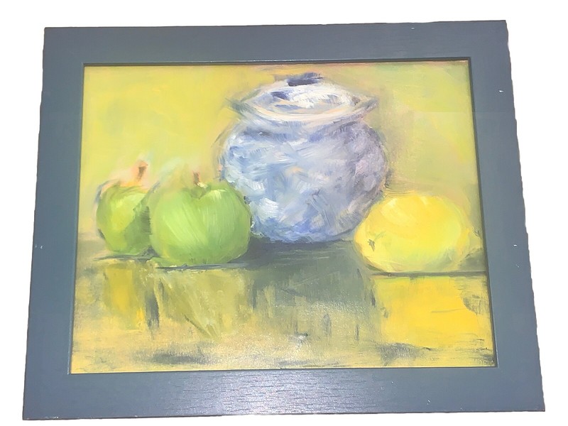 Modern Still Life Blue Vase & Grn Apples & Yellow Lemon 9 3/8”T 1 3/8”L Unsigned