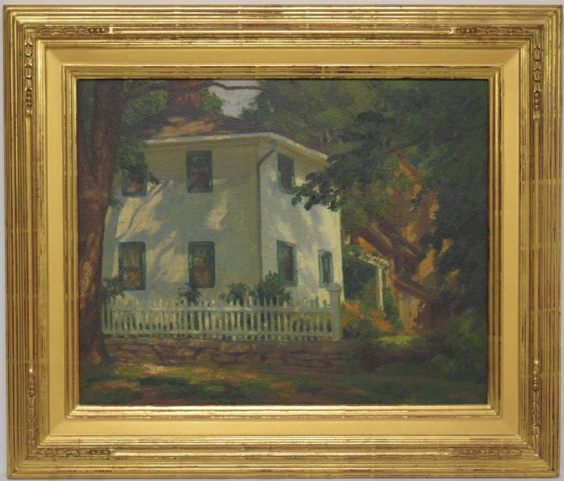 Framed painting of a house in dappled shade by John Hanny
