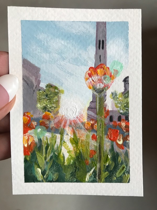 ACEO Original Acrylic City Landscape Painting OOAK Garden Tulips Morning Sunrise