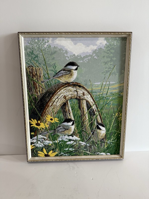 Vintage Chickadee Acrylic Painting Framed Vintage Bird Art Meadow Landscape 21” gallery