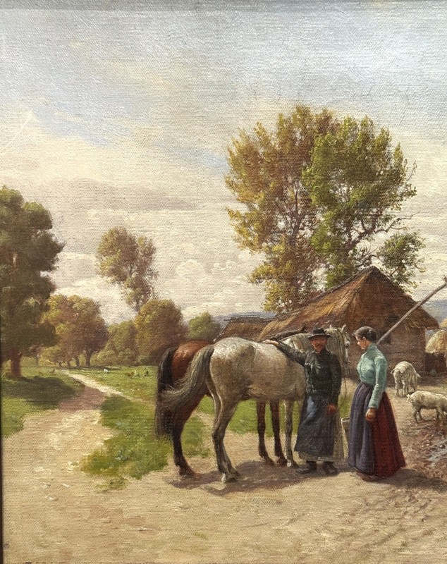Hermann Reisz (Austrian), ANTQ Orig. Realism O/C "Begegnung vor dem Dorf" Signed gallery