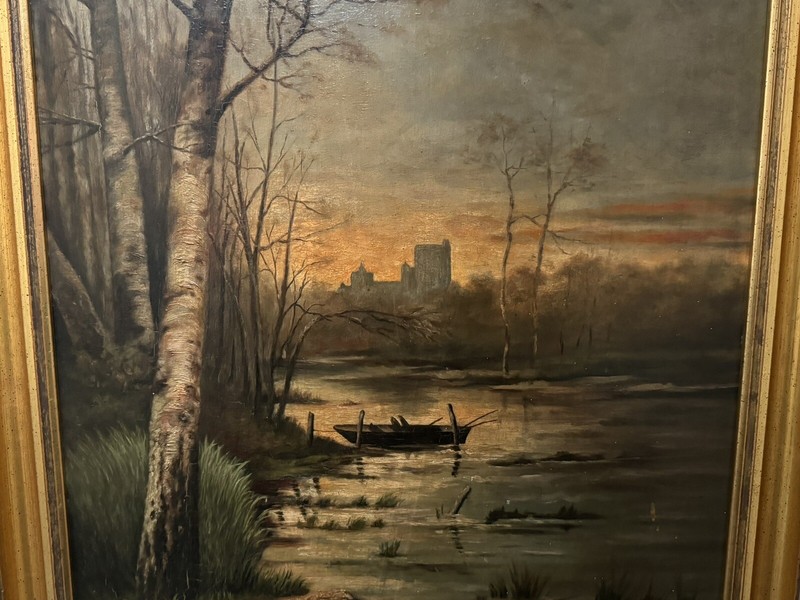 Antique 1899 Winter River Sunset Oil on Board Painting, Signed A. J. L. gallery