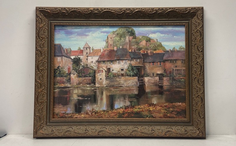 European Village River Scene Oil on Canvas 35×27 Ornate Gold Framed Unsigned