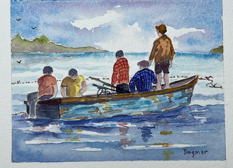 Original Watercolor Painting Fishing Crew Netting Bait Nautical 6×7” Dagmar Kau