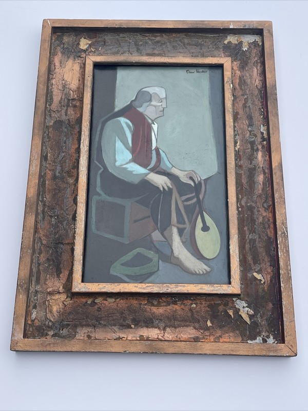 TREW HOCKER PAINTING ANTIQUE WPA ERA PORTRAIT MUSICIAN MANODLIN MODERNISM LISTED gallery