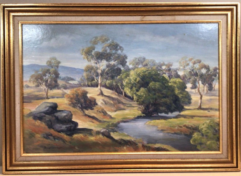 Artist B Lester Smith Titled Winding River Landscape Framed Oil Painting 1980s