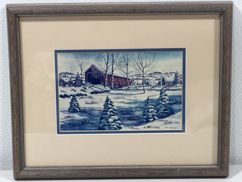 Diane Phalen Painting of Red Barn Snow Covered Landscape Signed 15” X 12”