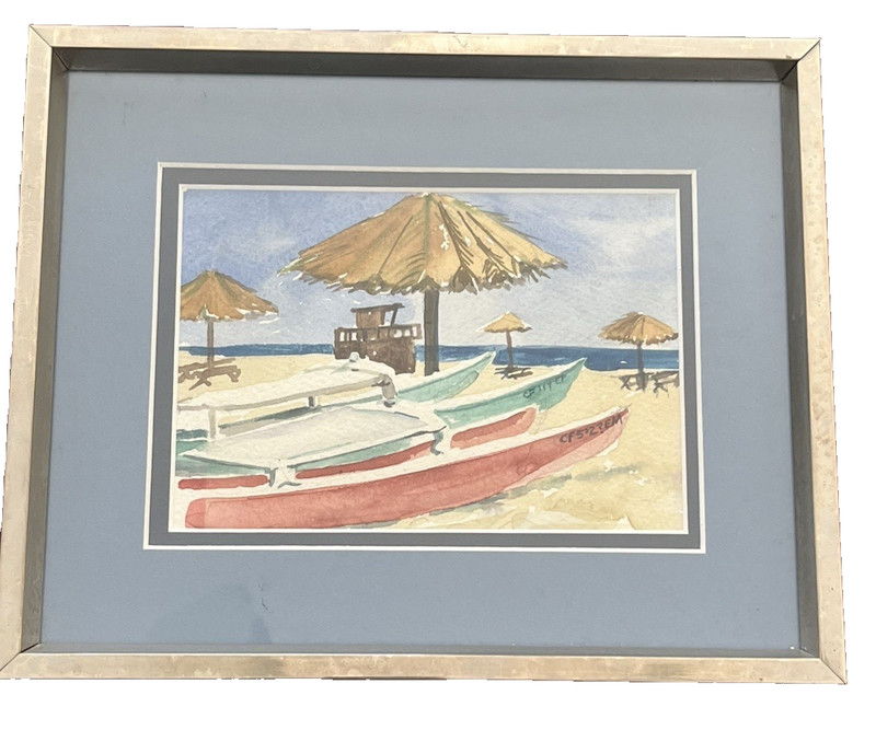 Original Watercolor Painting Coastal Beach Boats Umbrellas Framed Art 11×9