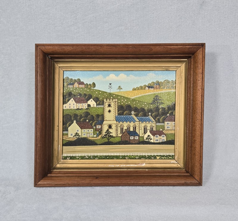 Vintage Oil Painting Signed R Lyuins Church Folk Art Landscape 8×10 Original