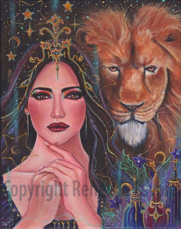 Original 11×14 acrylic «Circe» enchantress with lion painting RENEE L. LAVOIE